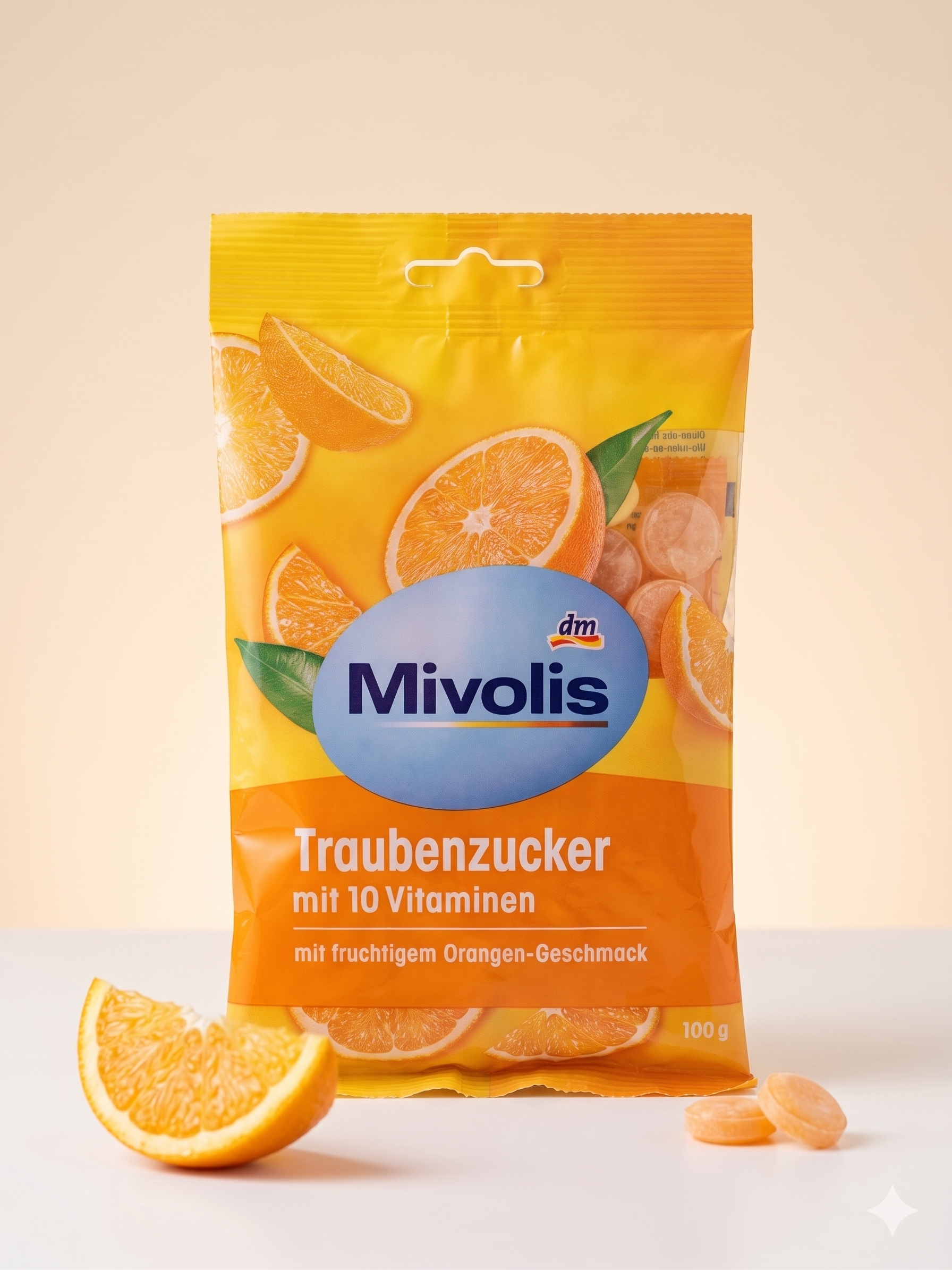 Pastilles de Dextrose aux 10 Vitamines - Saveur Orange Fruitée - Mivolis (100g) "طاقة فورية + 10 فيتامينات في حبة واحدة — بنكهة البرتقال المنعشة!"