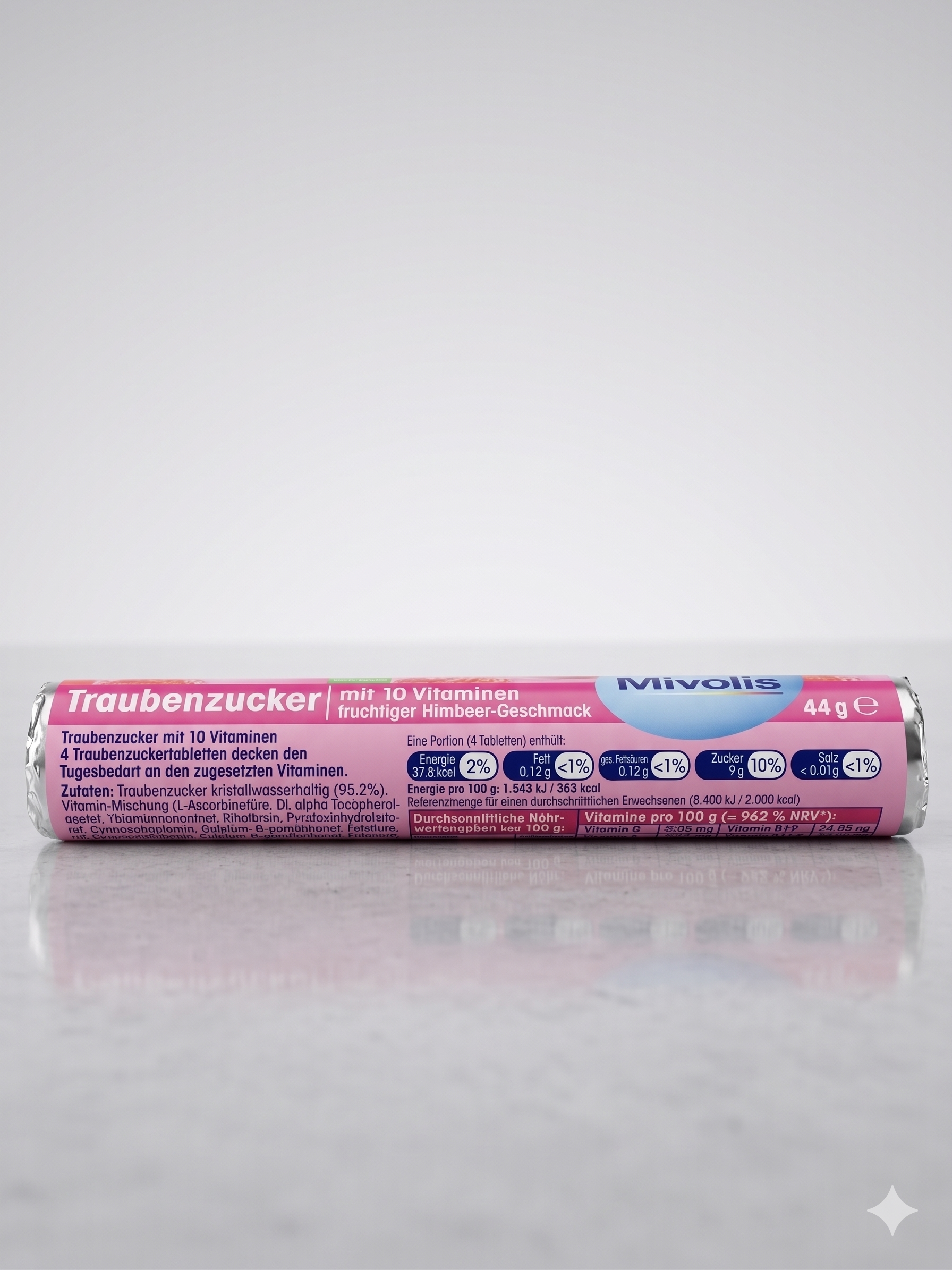 Rouleau de Pastilles de Dextrose aux 10 Vitamines Saveur Fruitée Framboise 44g رول الطاقة الوردي فيتاميني بنكهة التوت الأحمر
