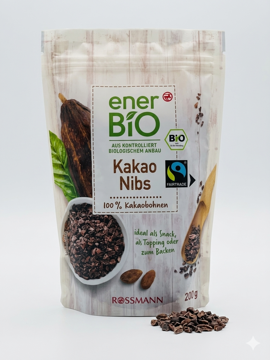 Éclats de Fèves de Cacao Bio (Kakao Nibs) - enerBiO (200g) حبيبات الكاكاو العضوية المحمصة من إنيربيو - 100% كاكاو نقي