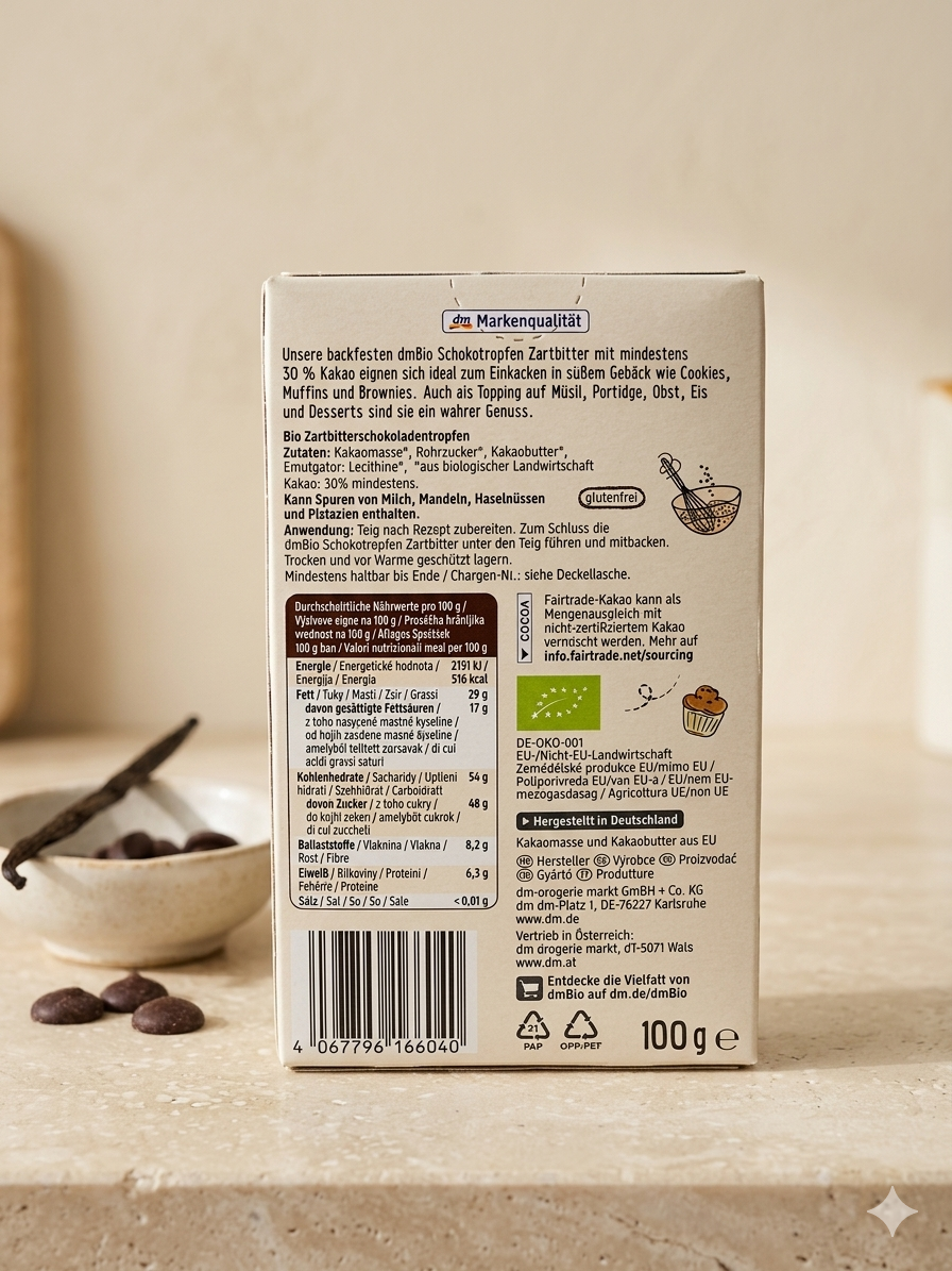 Pépites de Chocolat Noir Bio (Résistantes à la cuisson) - dmBio (100g) حبيبات الشوكولاتة الداكنة العضوية للخبز من دي إم بيو - نباتية ومقاومة للحرارة