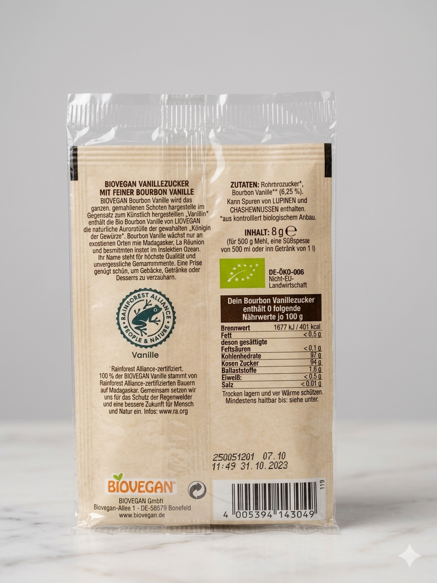 Sucre Vanillé à la Vanille Bourbon Bio "Mein Bourbon-Vanille Zucker" - Biovegan (8g) سكر فانيليا بوربون العضوي الفاخر من بيو فيغان- طبيعي ونباتي