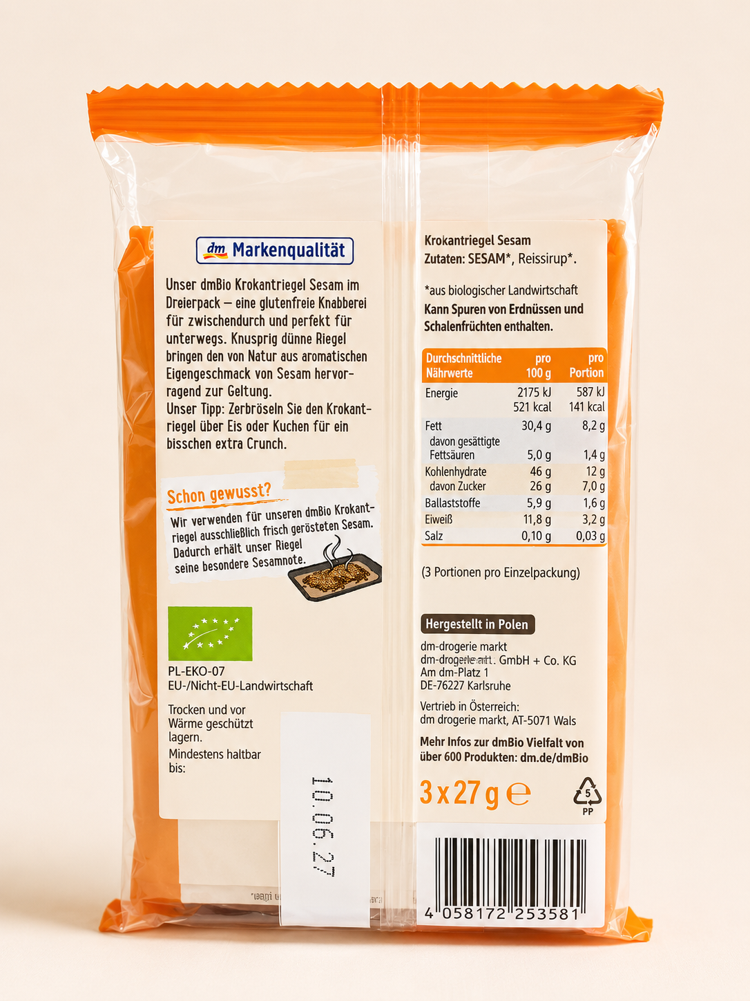 Barres Croustillantes au Sésame Bio 3x27g Vegan & Sans Gluten