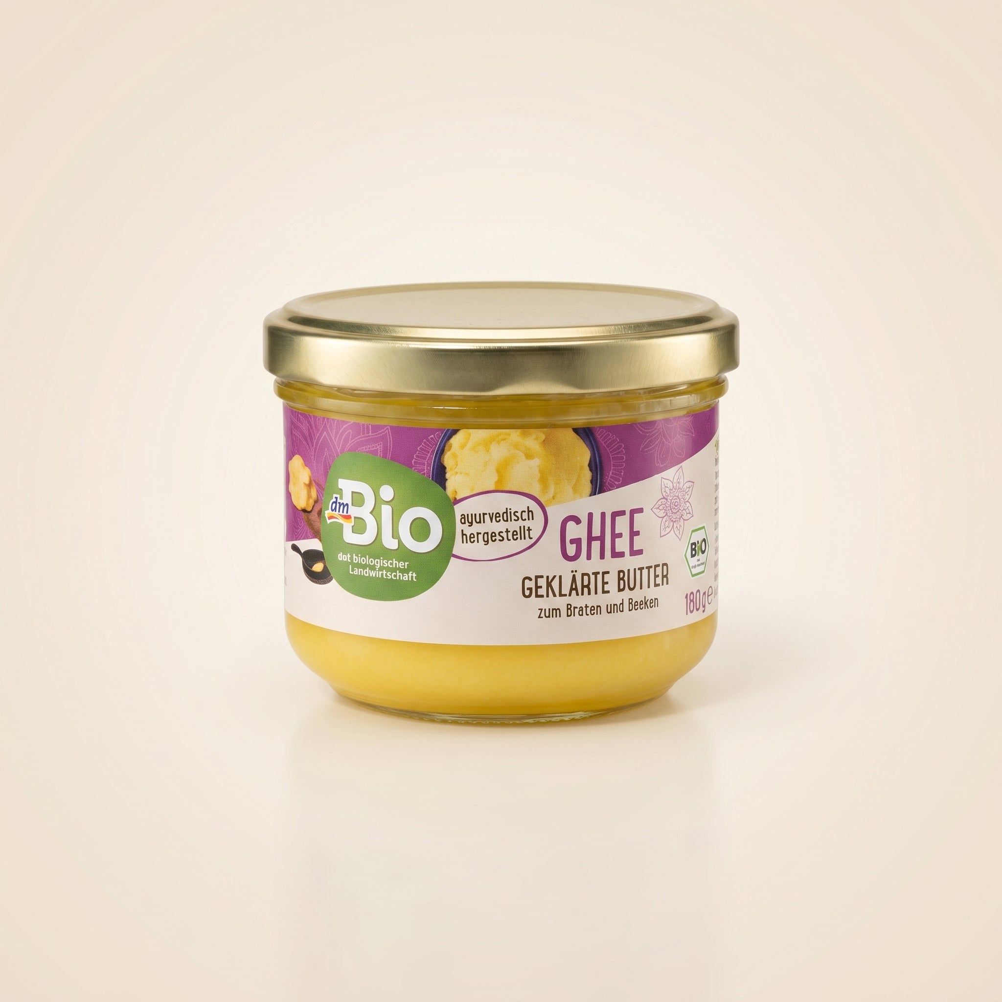 Ghee Bio dmBio — Beurre Clarifié Ayurvédique 180g | Sans Lactose | Agriculture Biologique Européenne سمن غي حيوي وعضوي نقي زبدة مصفاة على الطريقة الأيورفيدية التقليدية