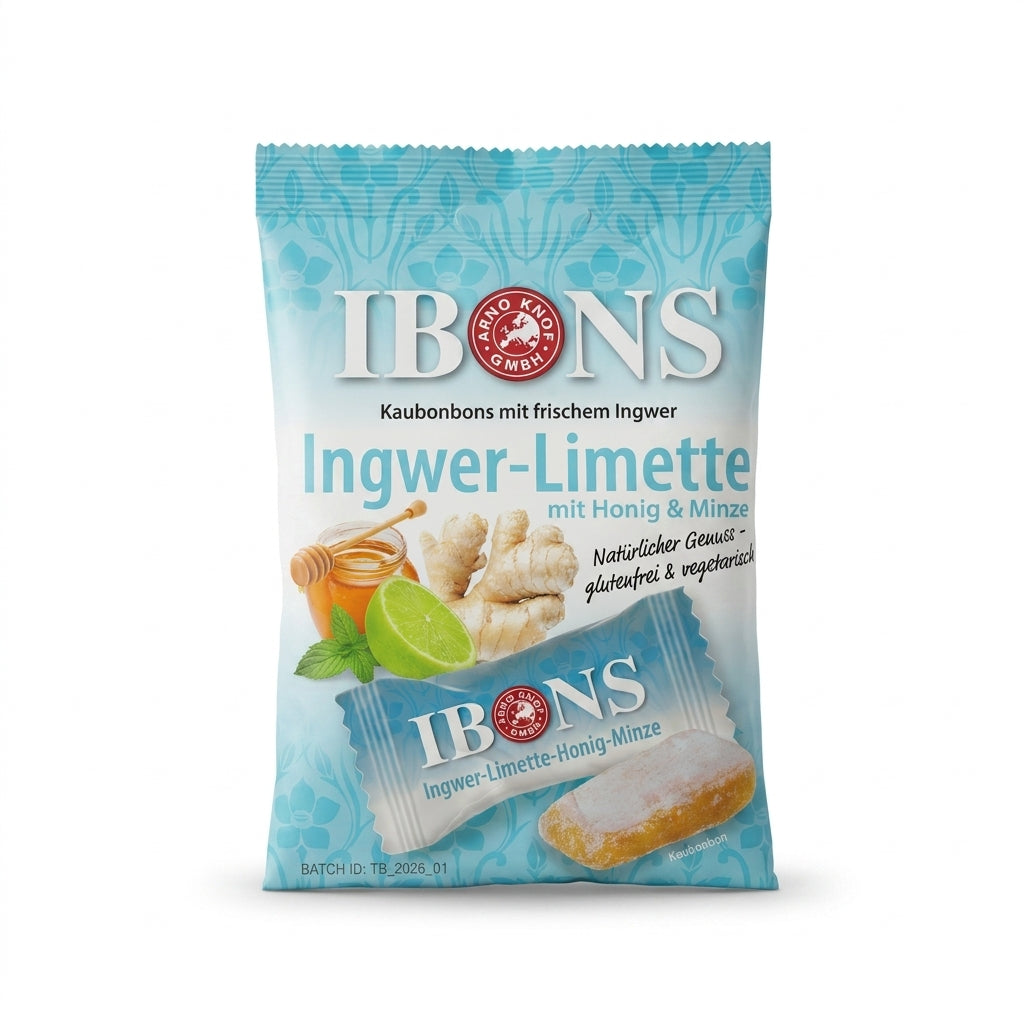 Bonbons à mâcher Gingembre, Citron Vert, Miel & Menthe - IBONS (92g) حلوى الزنجبيل القابلة للمضغ من إيبونز - بنكهة الليمون، العسل والنعناع