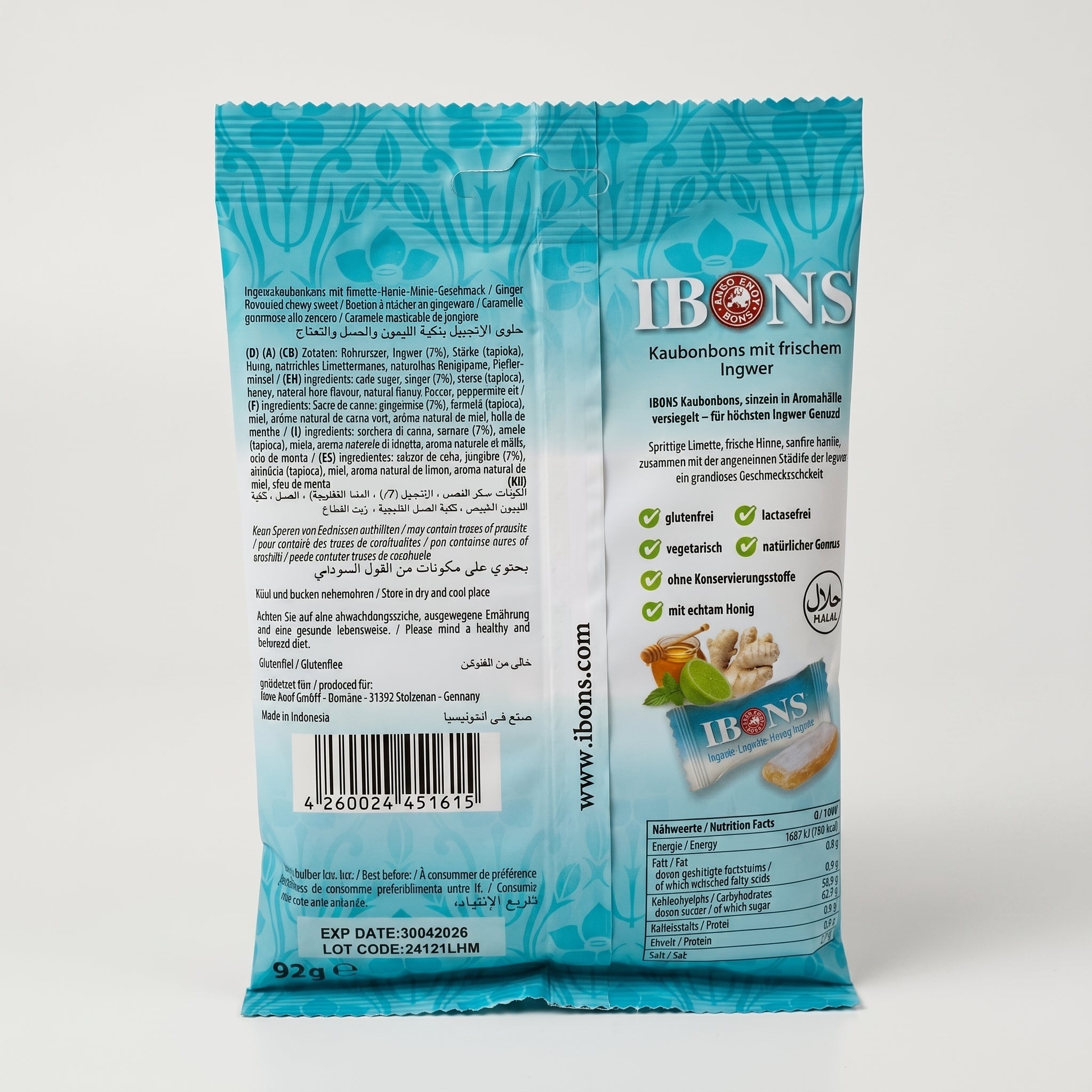 Bonbons à mâcher Gingembre, Citron Vert, Miel & Menthe - IBONS (92g) حلوى الزنجبيل القابلة للمضغ من إيبونز - بنكهة الليمون، العسل والنعناع