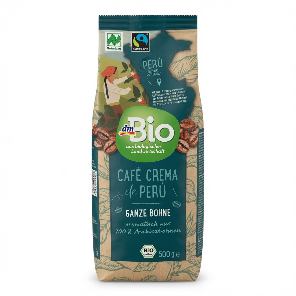Café en Grains Bio dmBio – Crema du Pérou, Arabica Fairtrade (500g)- حبوب قهوة عضوية كاملة "كافيه كريما دي بيرو أرابيكا 100%