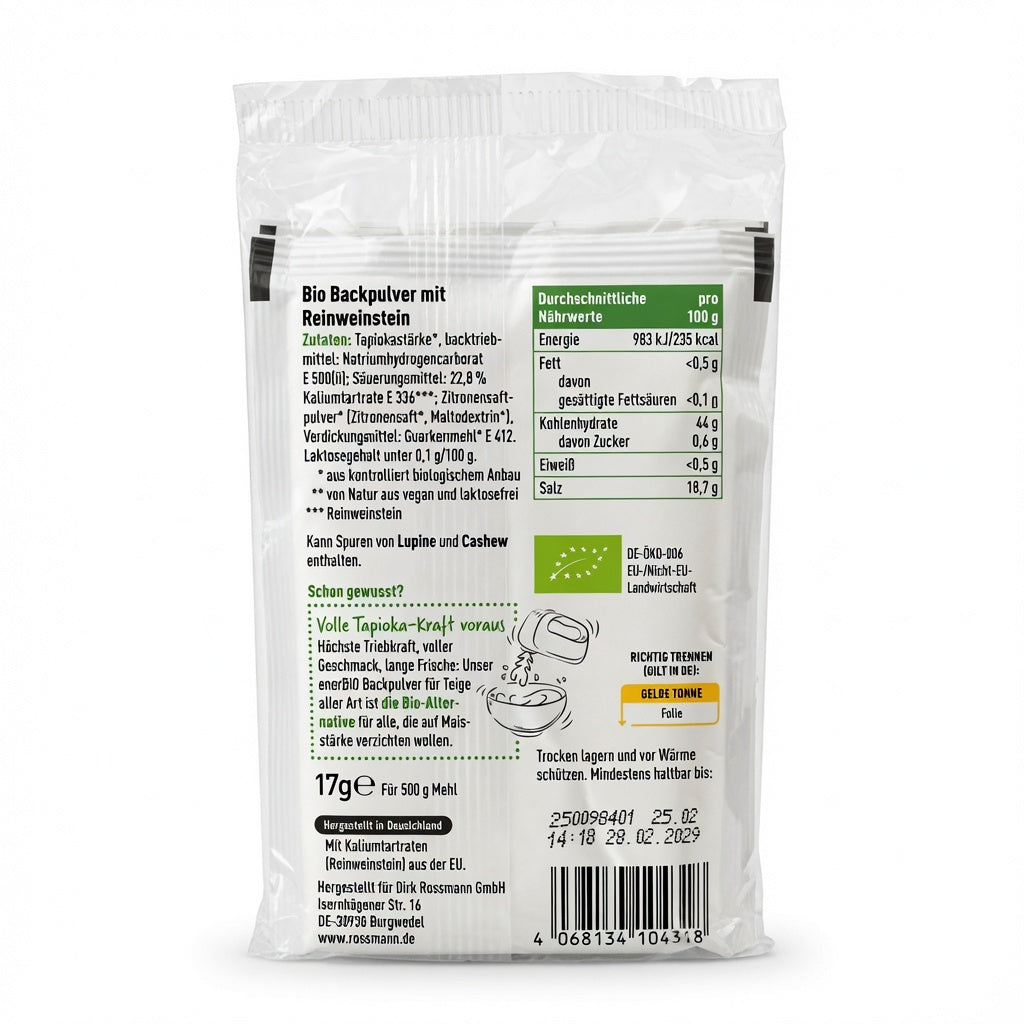 Levure Chimique Sans Gluten à l'Amidon de Tapioca - 17g - مسحوق خبيز (بيكنج بودر) عضوي بكريمة التارتار خالي من الجلوتين