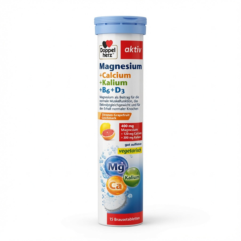 Doppelherz aktiv Magnésium + Calcium + Potassium + B6 + D3 – Comprimés Effervescents Citron-Pamplemousse | دوبلهيرتز مغنيسيوم كالسيوم بوتاسيوم أقراص فوارة
