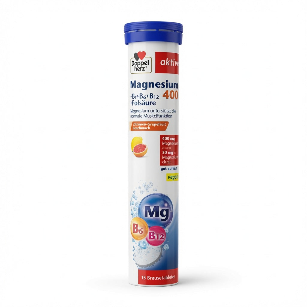 Doppelherz aktiv Magnésium 400 + B1+B6+B12 + Acide Folique – Comprimés Effervescents Citron-Pamplemousse | دوبلهيرتز مغنيسيوم 400 + فيتامينات B أقراص فوارة