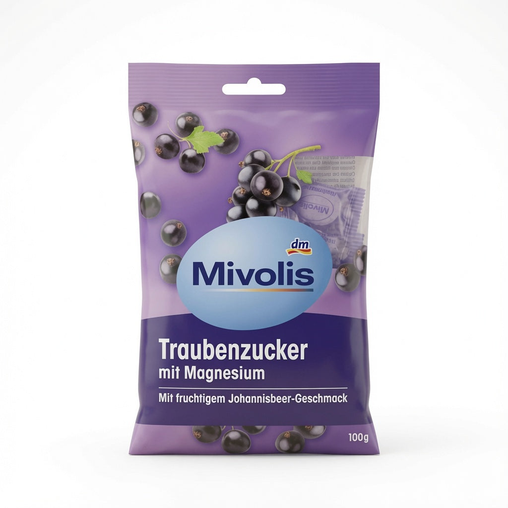 Pastilles de Dextrose au Magnésium - Saveur Fruitée Cassis - Mivolis (100g) "طاقة + استرخاء في حبة واحدة — جلوكوز بالمغنيسيوم بنكهة الكشمش الأسود!"