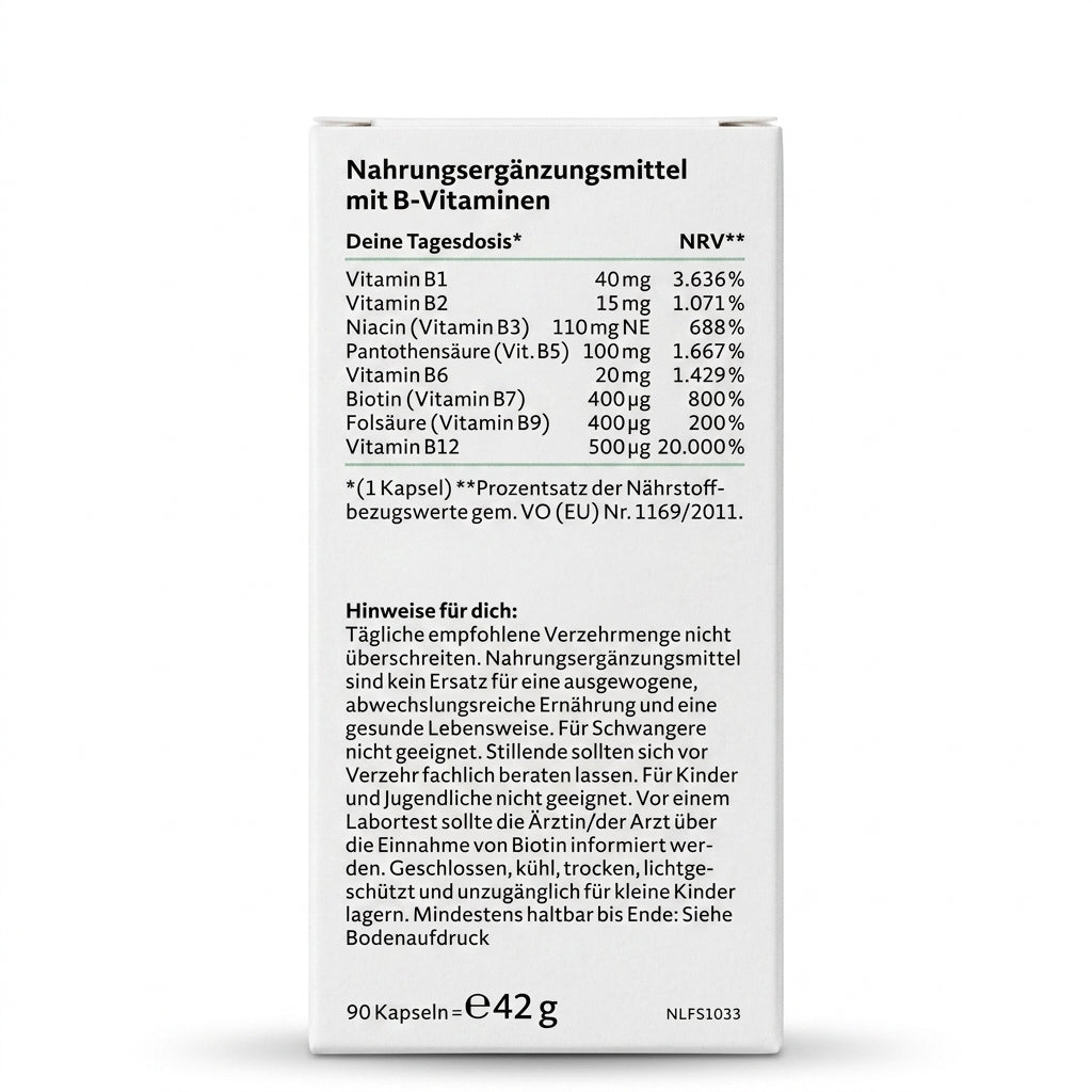 B Complexe Hautement Dosé avec les 8 Vitamines B Bioactives – 90 Gélules Végétalienne (Cure de 3 Mois) - مركب فيتامين ب من نيتشر لاف (Nature Love®) – جرعة عالية مع 8 فيتامينات ب نشطة بيولوجياً – 90 كبسولة نباتية