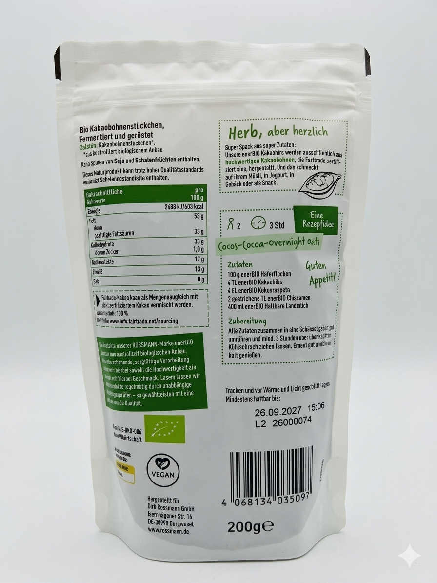 Éclats de Fèves de Cacao Bio (Kakao Nibs) - enerBiO (200g) حبيبات الكاكاو العضوية المحمصة من إنيربيو - 100% كاكاو نقي