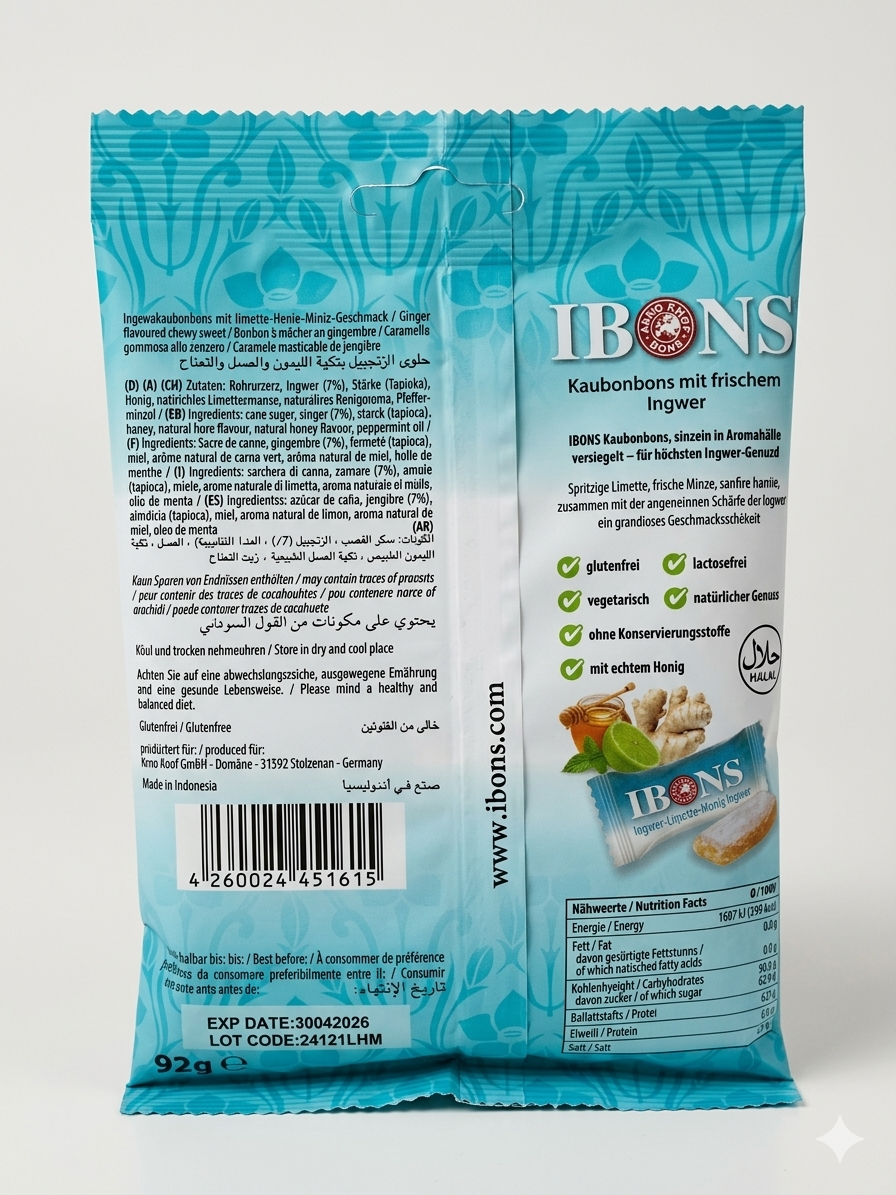 Bonbons à mâcher Gingembre, Citron Vert, Miel & Menthe - IBONS (92g) حلوى الزنجبيل القابلة للمضغ من إيبونز  - بنكهة الليمون، العسل والنعناع