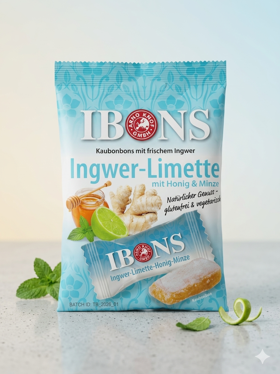 Bonbons à mâcher Gingembre, Citron Vert, Miel & Menthe - IBONS (92g) حلوى الزنجبيل القابلة للمضغ من إيبونز  - بنكهة الليمون، العسل والنعناع