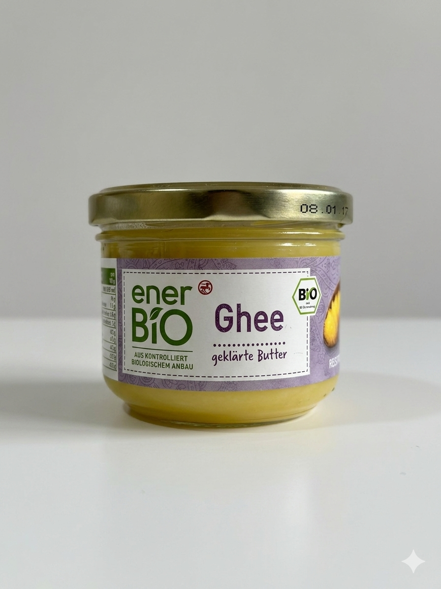 Ghee Bio (Beurre Clarifié) "Ghee geklärte Butter" - enerBiO (180g) سمن الغي العضوي النقي (زبدة مصفاة) من إنيربيو - مثالي للطبخ والقلي