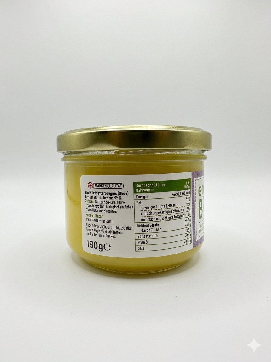 Ghee Bio (Beurre Clarifié) "Ghee geklärte Butter" - enerBiO (180g) سمن الغي العضوي النقي (زبدة مصفاة) من إنيربيو - مثالي للطبخ والقلي