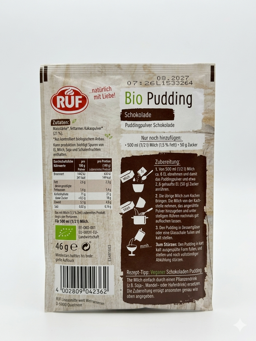 Préparation pour Pudding Bio au Chocolat (Sans Gluten) - RUF (46g) مسحوق بودينغ الشوكولاتة العضوي من روف  - خالي من الغلوتين