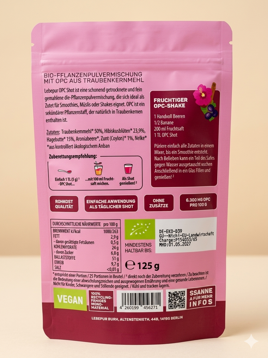 Poudre Superfood Bio 125g  Riche en Antioxydants Qualité Crue  مسحوق بخلاصة بذور العنب العضوية غني بمضادات الأكسدة للعصائر والمشروبات