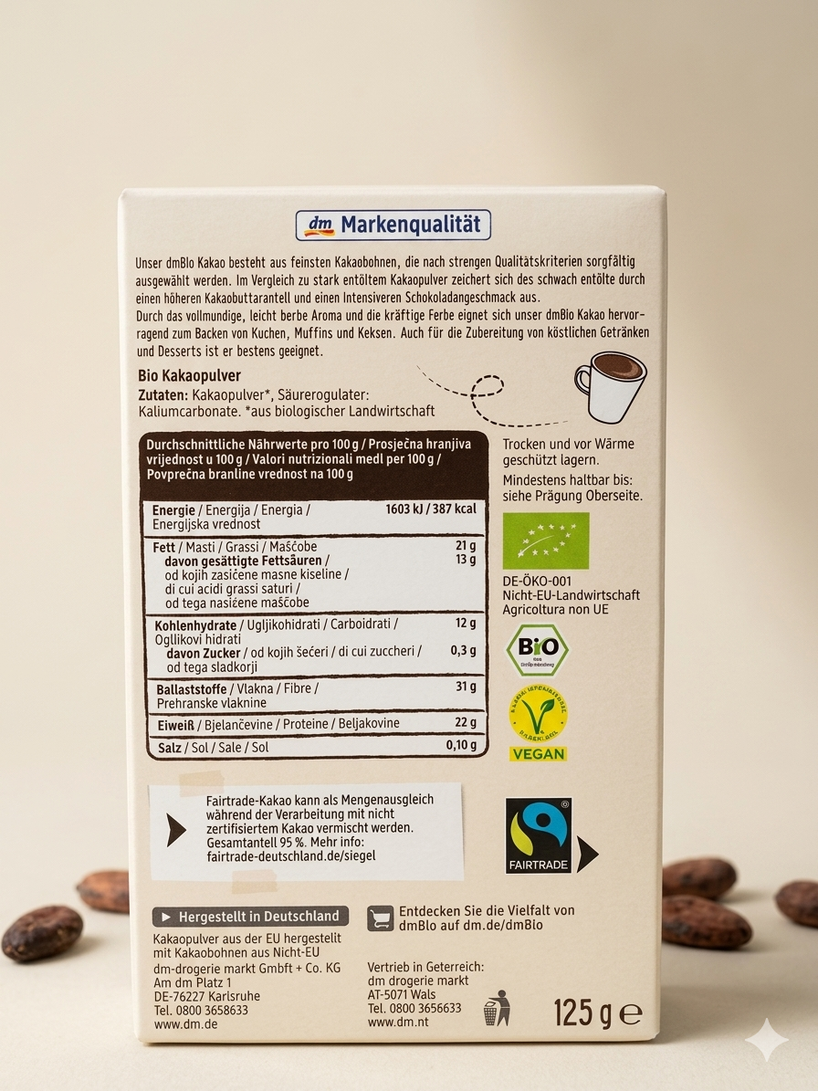 Poudre de Cacao Bio Légèrement Dégraissé 125g مسحوق كاكاو عضوي ألماني خام