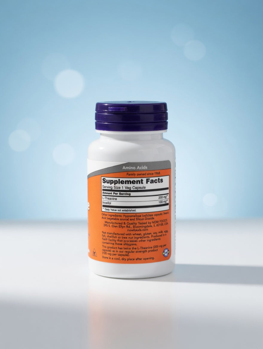 L-Theanine Double Concentration 200 mg 60 Capsules Végétales Gestion du Stress et Relaxation كبسولات إل-ثيانين بقوة مضاعفة مع الإينوزيتول للاسترخاء وإدارة التوتر