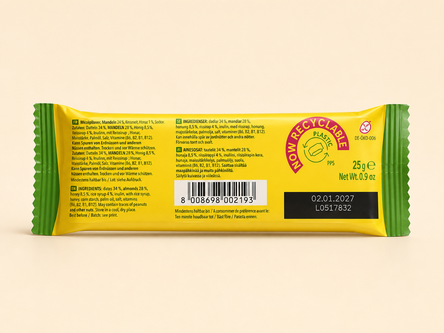 Barre de Céréales aux Dattes & Amandes | Sans Gluten | Enrichie en Vitamines | 25g