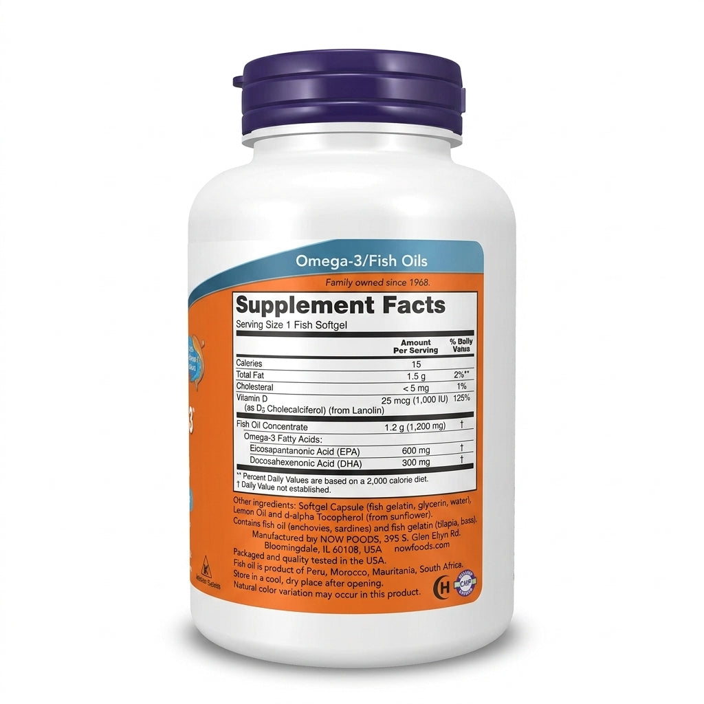NOW Foods Ultra Omega 3-D™ – Huile de Poisson Haute Concentration (600 EPA / 300 DHA) + Vitamine D-3 (1000 UI) – 90 Capsules Molles en Gélatine de Poisson -مكمل أولترا أوميغا 3-دي (NOW Ultra Omega 3-D) مع فيتامين د-3 – 90 كبسولة جيلاتين سمكي
