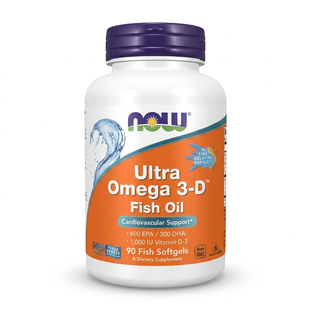 NOW Foods Ultra Omega 3-D™ – Huile de Poisson Haute Concentration (600 EPA / 300 DHA) + Vitamine D-3 (1000 UI) – 90 Capsules Molles en Gélatine de Poisson -مكمل أولترا أوميغا 3-دي (NOW Ultra Omega 3-D) مع فيتامين د-3 – 90 كبسولة جيلاتين سمكي
