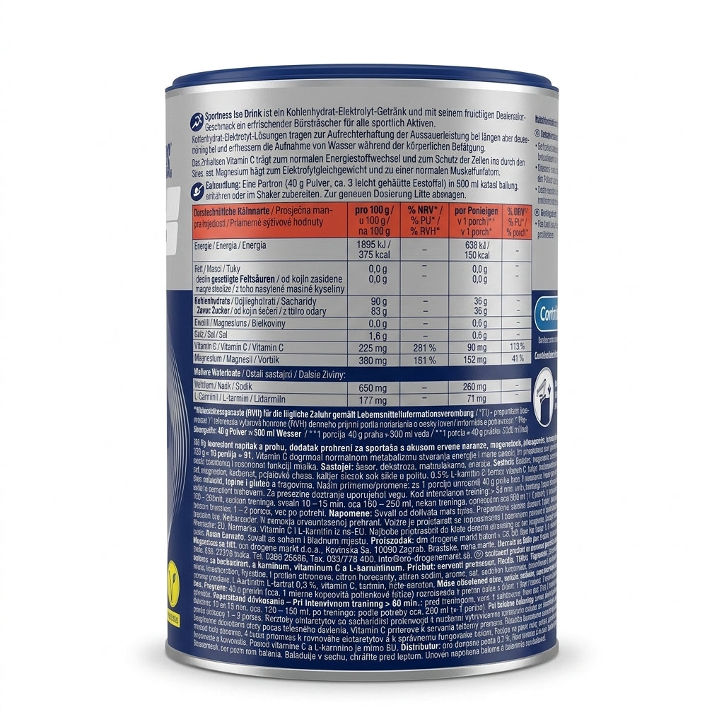 ISO DRINK – Boisson Isotonique en Poudre à la L-Carnitine, Magnésium & Vitamine C (750 g) – Goût Orange Sanguine - مسحوق المشروب الرياضي الإيزوتونيك سبورتنيس  بنكهة البرتقال الأحمر – مع المغنيسيوم، إل-كارنيتين وفيتامين C – 750 جم