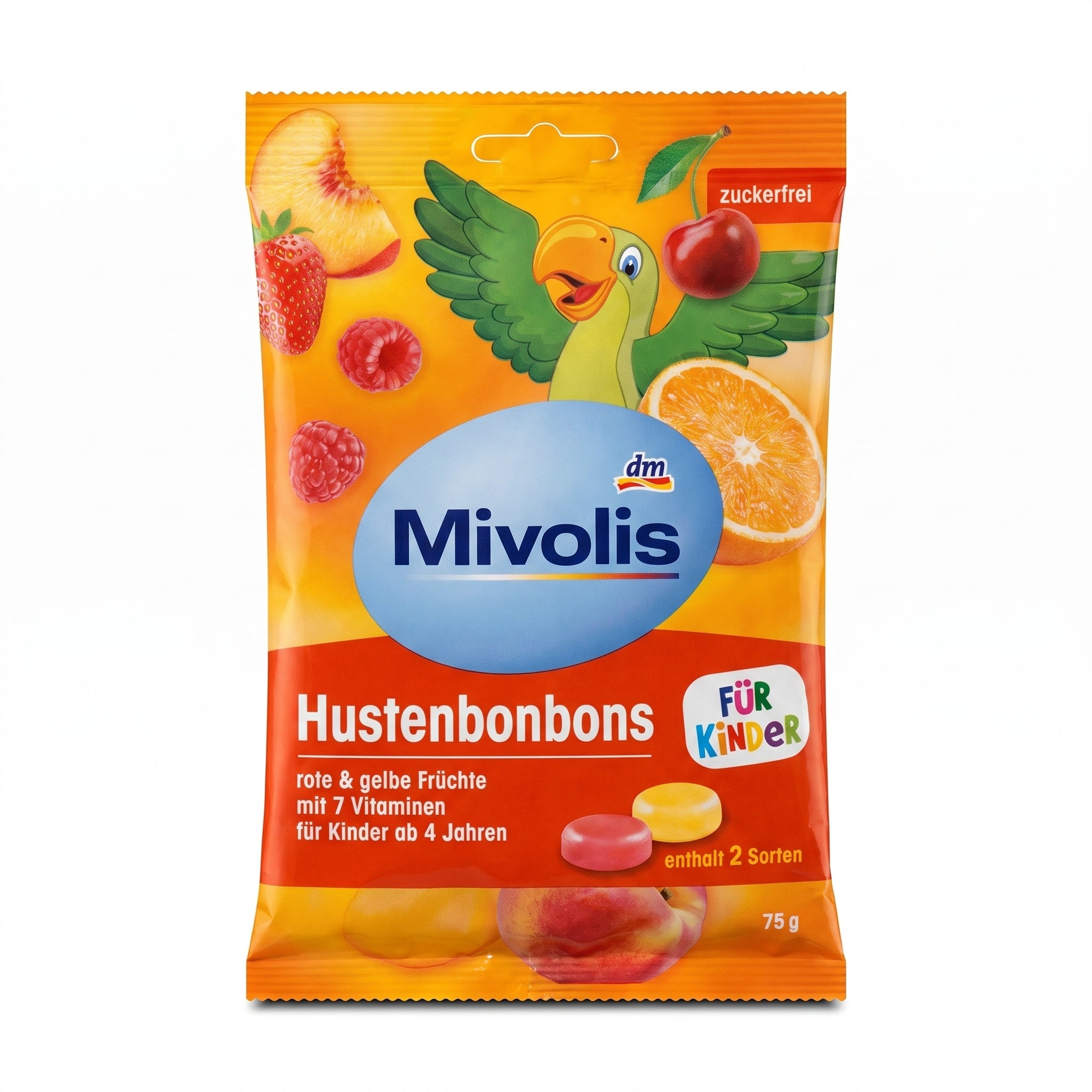 Mivolis Bonbons pour la Gorge Enfants – Fruits Rouges & Jaunes sans Sucre 75g | 7 Vitamines - حلوى السعال للأطفال خالية من السكر 75 جرام | ميفوليس | مع 7 فيتامينات
