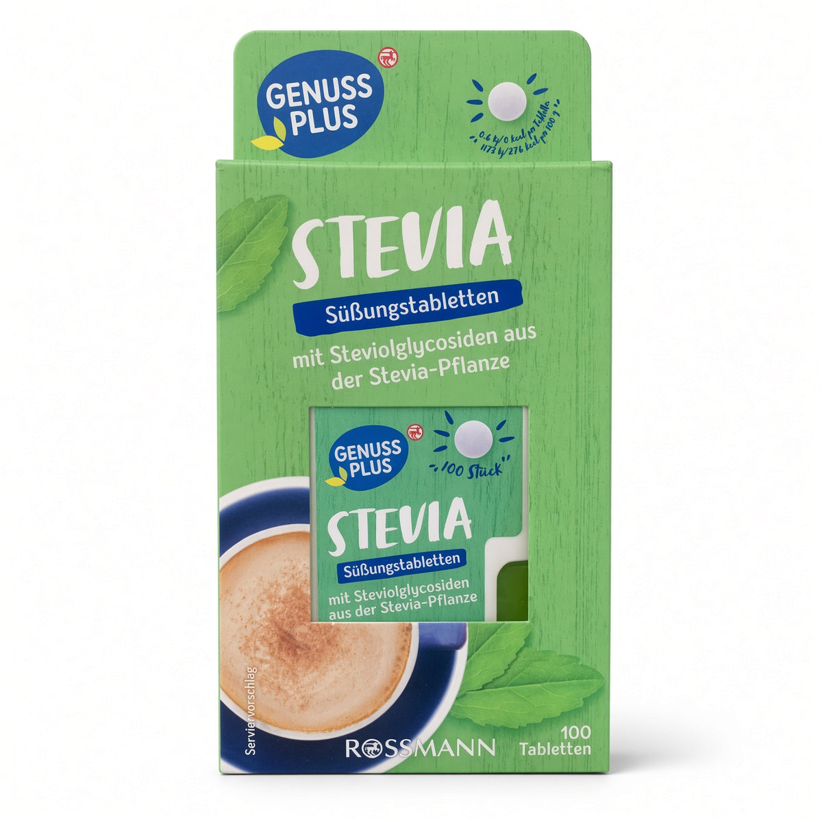 Genuss Plus Stevia Rossmann – Comprimés Édulcorants à base de Glycosides de Stéviol (Boîte de 100 Pastilles)-أقراص تحلية ستيفيا من جينوس بلس - 100 قرص