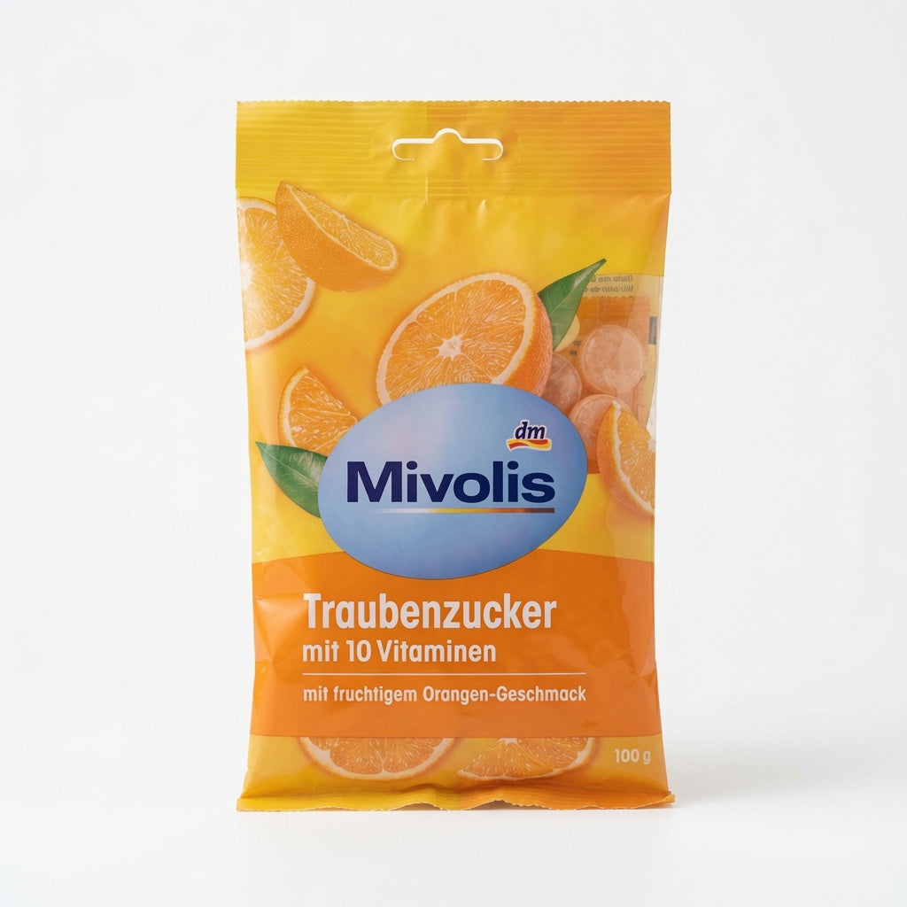 Pastilles de Dextrose aux 10 Vitamines - Saveur Orange Fruitée - Mivolis (100g) "طاقة فورية + 10 فيتامينات في حبة واحدة — بنكهة البرتقال المنعشة!"