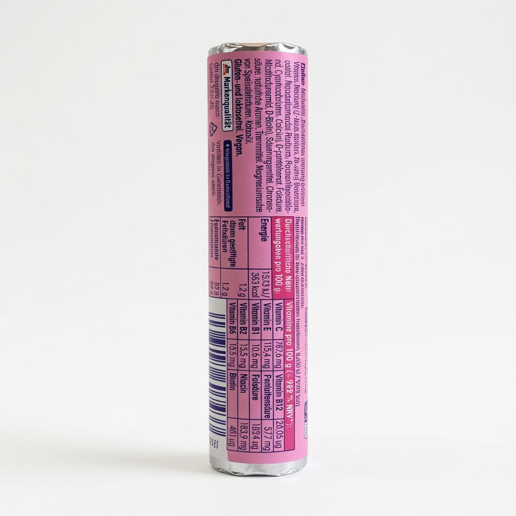 Rouleau de Pastilles de Dextrose aux 10 Vitamines Saveur Fruitée Framboise 44g رول الطاقة الوردي فيتاميني بنكهة التوت الأحمر