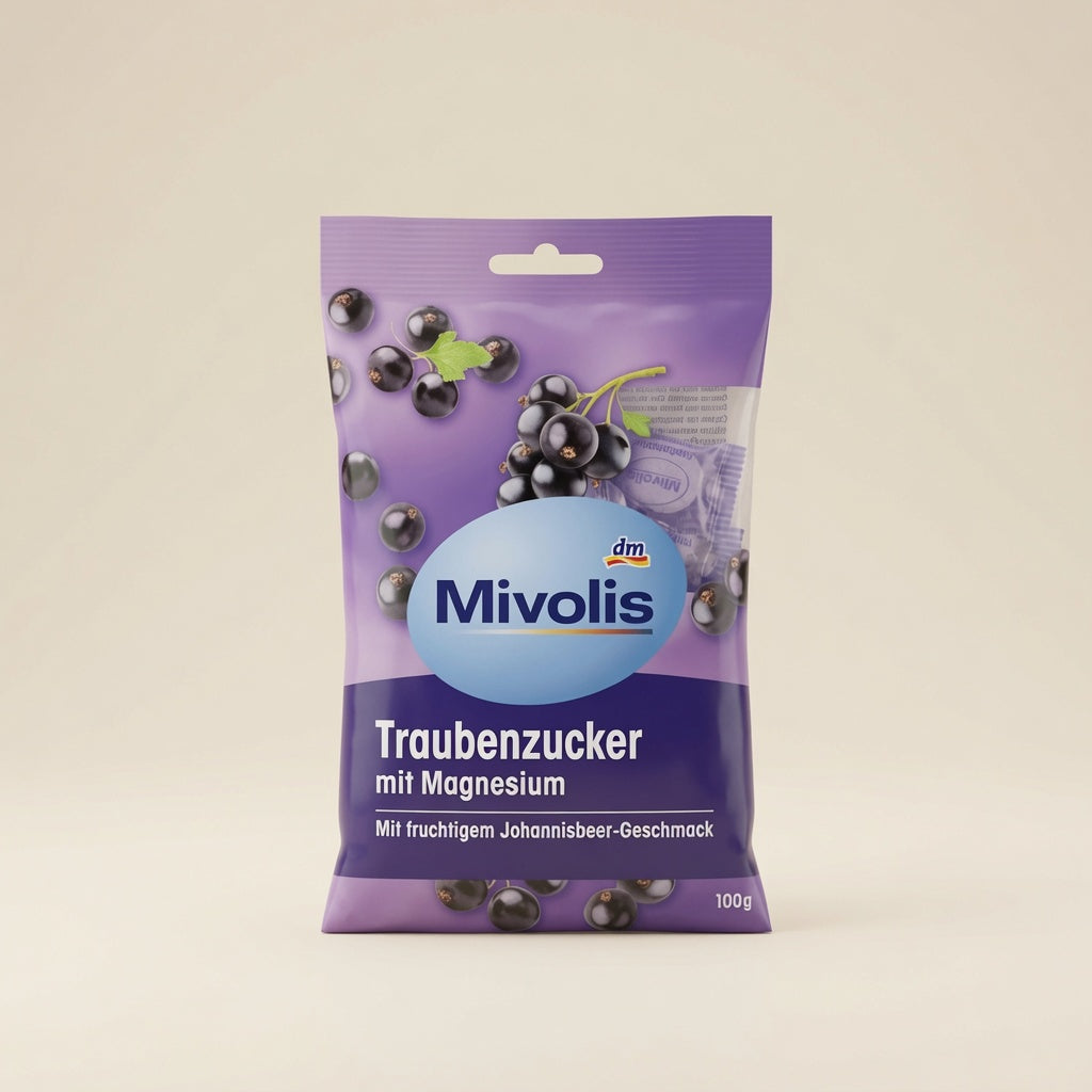 Pastilles de Dextrose au Magnésium - Saveur Fruitée Cassis - Mivolis (100g) "طاقة + استرخاء في حبة واحدة — جلوكوز بالمغنيسيوم بنكهة الكشمش الأسود!"