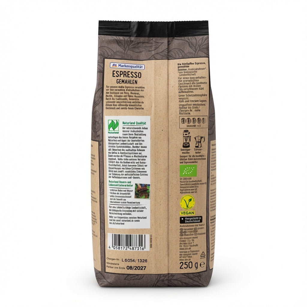 Espresso Moulu Intense dmBio – 100% Arabica Bio & Vegan – 250g - قهوة إسبريسو مطحونة عضوية أرابيكا (250 جرام)