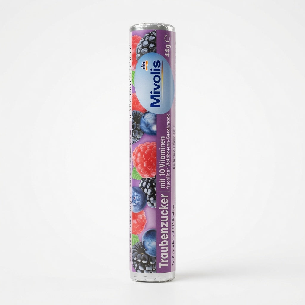 Rouleau de Pastilles de Dextrose aux 10 Vitamines - Saveur Fruits des Bois - Mivolis (44g) "رول فيتامينات بنكهة التوت البري — طاقتك في جيبك!"