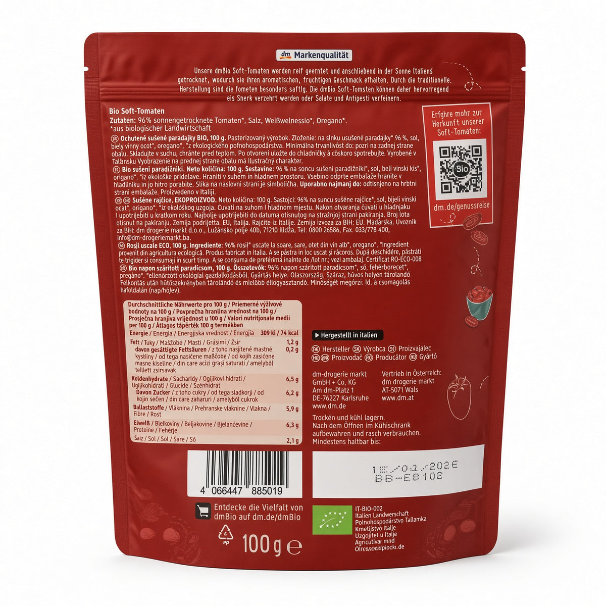 dmBio Soft-Tomaten – Tomates Moelleuses Séchées au Soleil d'Italie avec Origan et Vinaigre de Vin Blanc (Sachet de 100 g)-طماطم مجففة طرية تحت الشمس عضوية من دي إم بيو - 100 غرام
