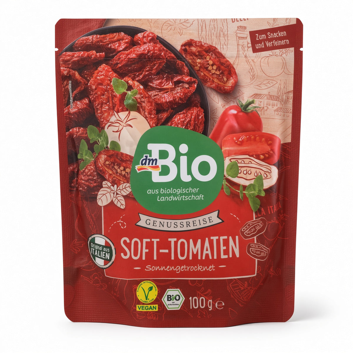 dmBio Soft-Tomaten – Tomates Moelleuses Séchées au Soleil d'Italie avec Origan et Vinaigre de Vin Blanc (Sachet de 100 g)-طماطم مجففة طرية تحت الشمس عضوية من دي إم بيو - 100 غرام